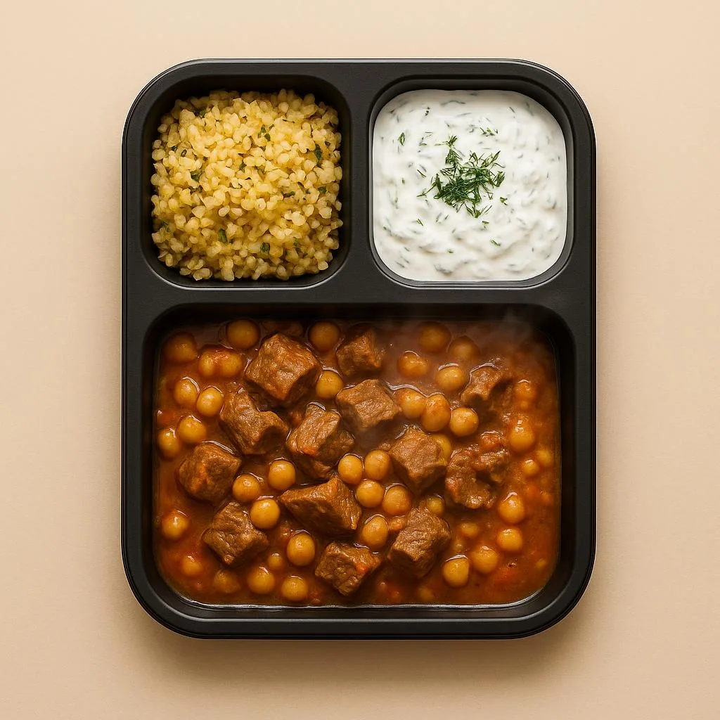 Etli nohut yahni (yağsız dana) + bulgur + cacık