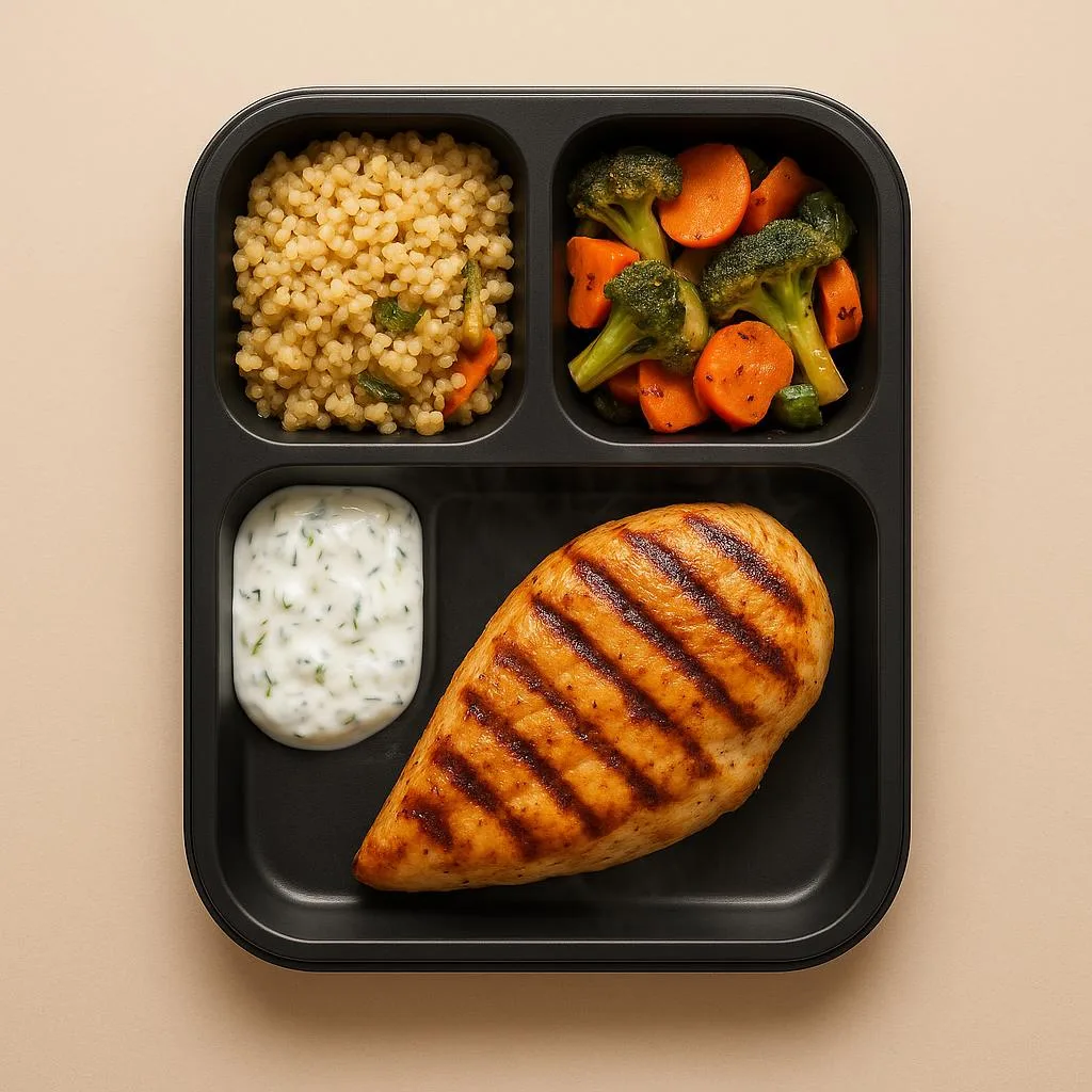 Izgara tavuk göğsü + bulgur pilavı + közlenmiş sebze + cacık